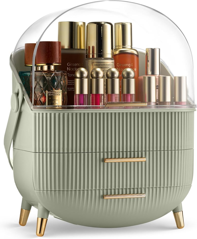 Oizeir Covered Makeup Cosmetic Countertop - Large Cosmetic Organizer - Trendy Oval Shape Storage for Skin Care Organizer - Clear Lid, Storage Drawers, Carry Handle - Cute Stylish Decor Solution (Green) - Image 1